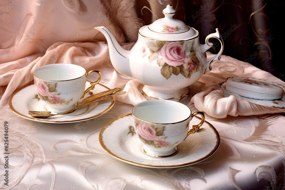 Fototapeta premium Delicate Background: Elegant Tea Time with a Fine China Tea Set on a Lace Tablecloth, generative AI