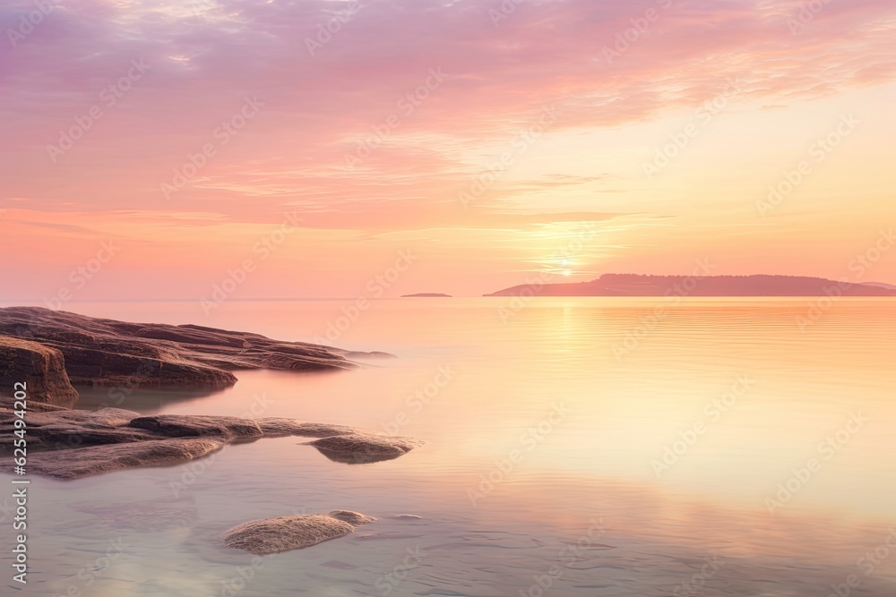Tranquil Coastal Beauty: Dreamy Background of Soft Pastel Sunrise Over a Calm Seaside, generative AI