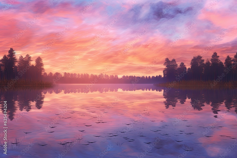 Serene Tranquility: Soft Pastel Sunset Creates a Dreamy Background Over a Calm Lake, generative AI