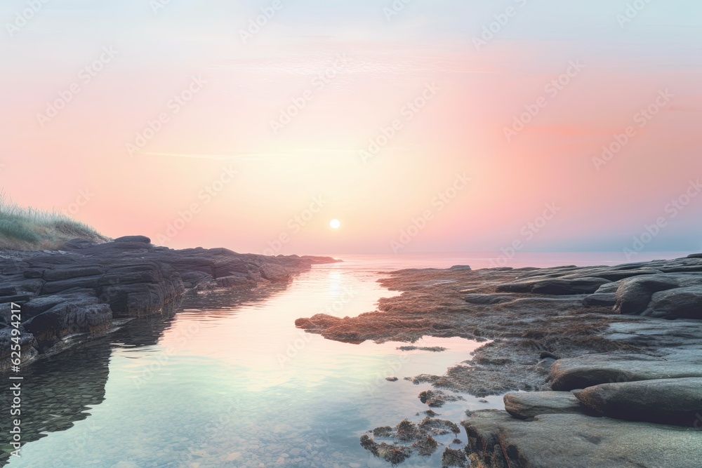 Tranquil Coastal Beauty: Dreamy Background of a Soft Pastel Sunrise Over a Calm Seaside, generative AI