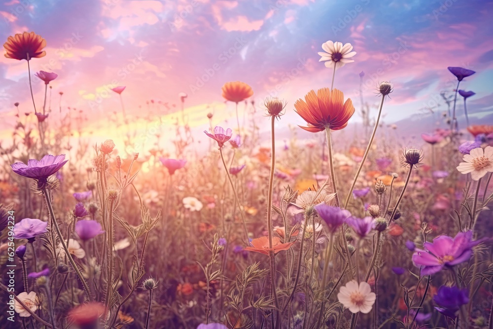 Whimsical Beauty: Soft Pastel Sunset Ablaze over a Field of Blooming Flowers, generative AI