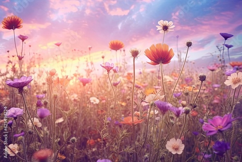 Whimsical Beauty: Soft Pastel Sunset Ablaze over a Field of Blooming Flowers, generative AI © Michael