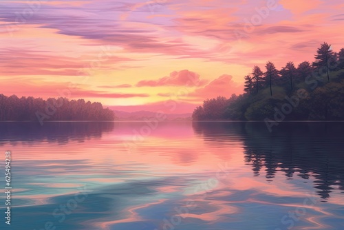 Serene Tranquility: Soft Pastel Sunset Creates Dreamy Background Over a Calm Lake, generative AI © Michael