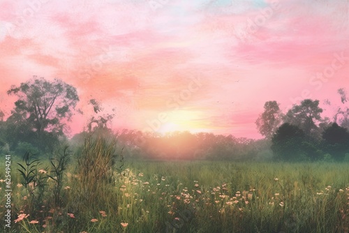 Serene Bliss: Soft Pastel Sunset Over a Tranquil Meadow, Dreamy Background, generative AI