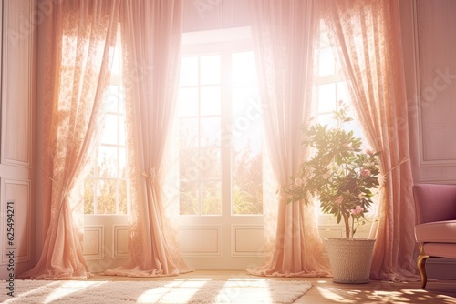 Cozy Daydreams: Soft Sunlight Streaming Through Window Curtains Creates Dreamy Background, generative AI