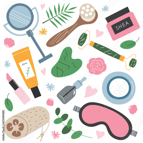Skincare tools hand drawn collection, doodle icons of beauty devices, vector illustrations of facial roller massager, gua sha, sleep mask, makeup mirror, skin care routine, isolated colored clipart