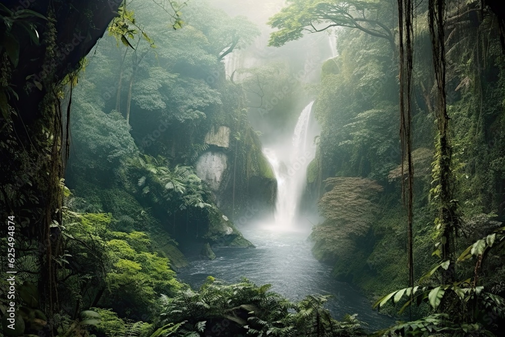 Ethereal Background: Lush Greenery and Misty Waterfall Unveil the Mystical Beauty of Nature, generative AI