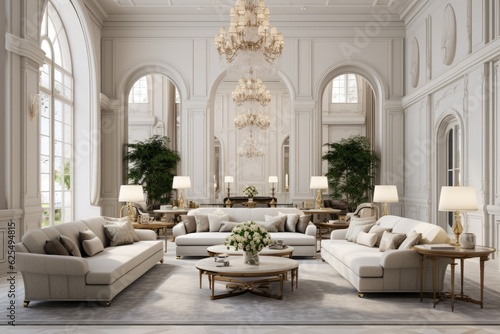 A spacious and well lit room inspired by traditional interior design, featuring neutral color tones, adorned with elegant furniture and a grand chandelier.