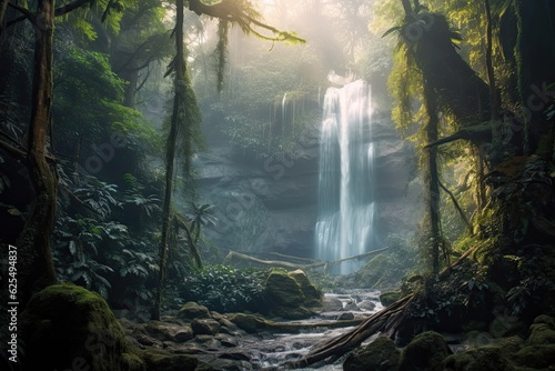 Mystical Beauty  Ethereal Waterfall Cascading Through a Dense Forest in Misty Background  generative AI