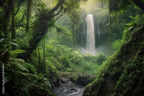 Lush Greenery and Mystical Beauty: Ethereal Background with Misty Waterfall, generative AI