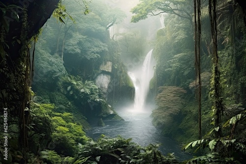 Ethereal Background: Lush Greenery and Misty Waterfall Unveil the Mystical Beauty of Nature, generative AI