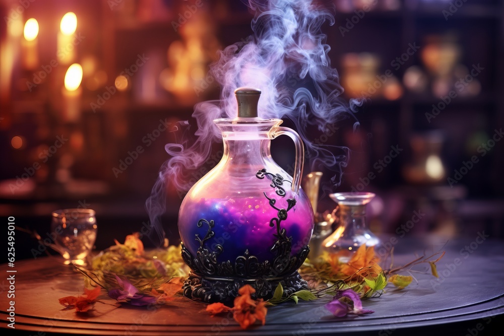 Enchanting witchcraft potion on table, light smoke around, Generative AI