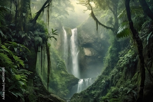 Lush Greenery and the Mystical Beauty of Nature  An Ethereal Misty Waterfall Background  generative AI