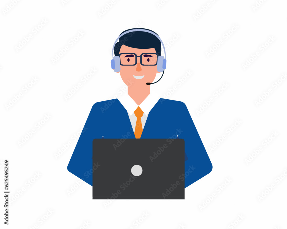 Man agent with headphones microphone with online global technical support 24 7 customer service support or call center concept.