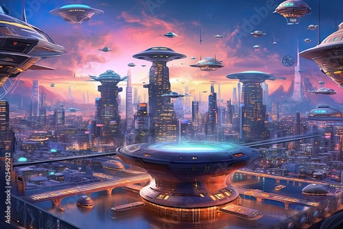 Technological Marvel: Futuristic Background of Sci-Fi Cityscape with Hovering Vehicles, generative AI