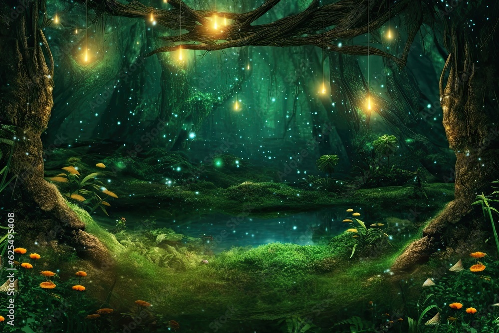 Enchanted Forest Green Screen Backgrounds: Mystical and Enchanting Scenes with Magical Fireflies and Whispers of Nature, generative AI