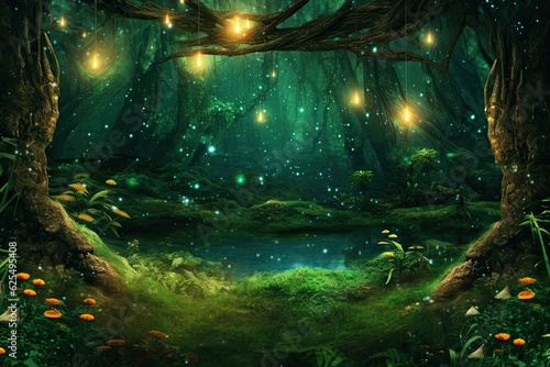 Enchanted Forest Green Screen Backgrounds: Mystical and Enchanting Scenes with Magical Fireflies and Whispers of Nature, generative AI