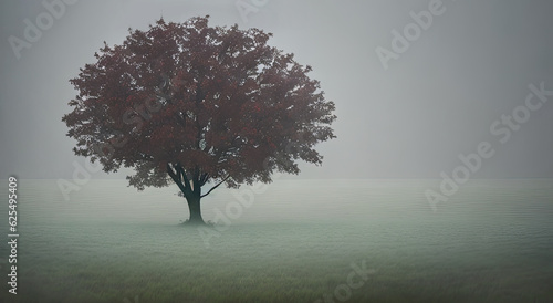 Tree on the lawn in the fog  haze in the field