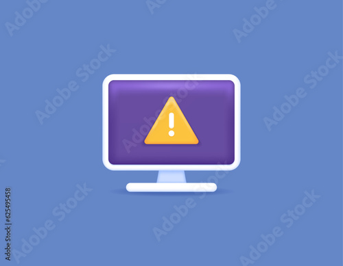 Warning of an error occurred in the computer system. hazard warning notice. System is crashes. PC monitor, triangle, and exclamation mark. technology. symbols and icons. Minimalist 3D concept design
