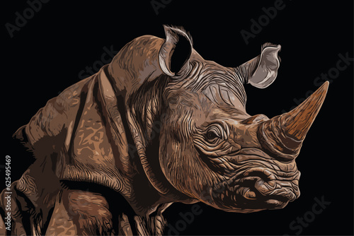 white rhino isolated on black, close-up illustration of a rhinoceros seen in profile against a black background