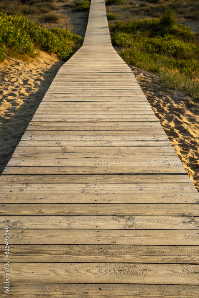Wooden path on the beach at sunset