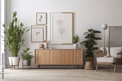 A mid century room with white plank floors, indoor plants, decorations, and a storage cabinet. Isolated Empty Frame Over Cabinet for Interior Mockups and Art & Print Mockups. Generative AI