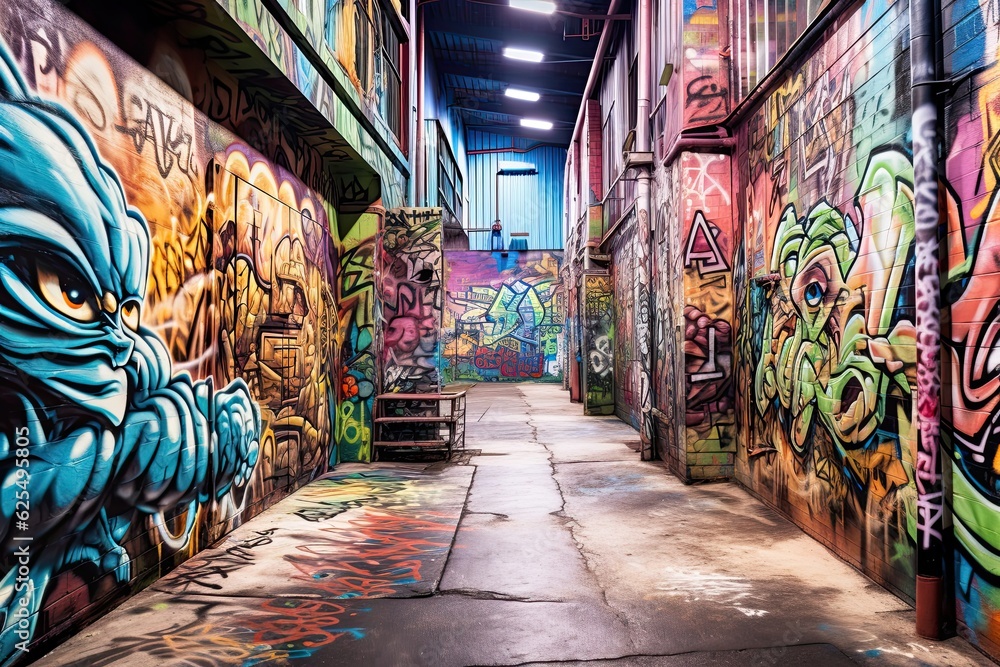 Fototapeta premium Creative Urban Expression: Industrial Background and Urban Graffiti Alley showcasing Graffiti Artwork, generative AI