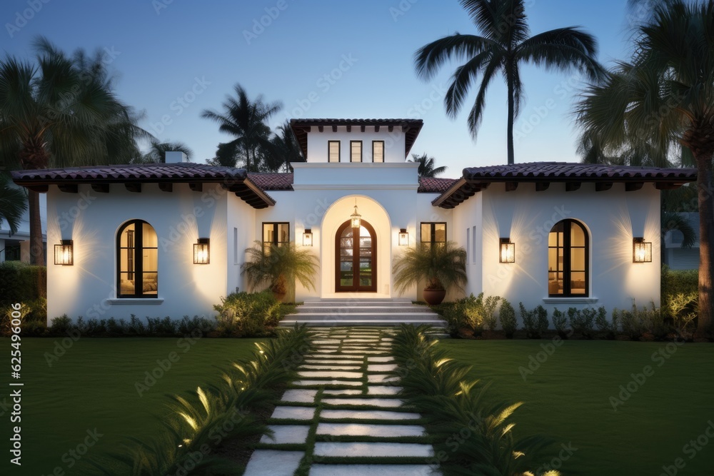 The architectural design of a customary villa house found in South Florida follows a modern style with influences from the Spanish aesthetic.