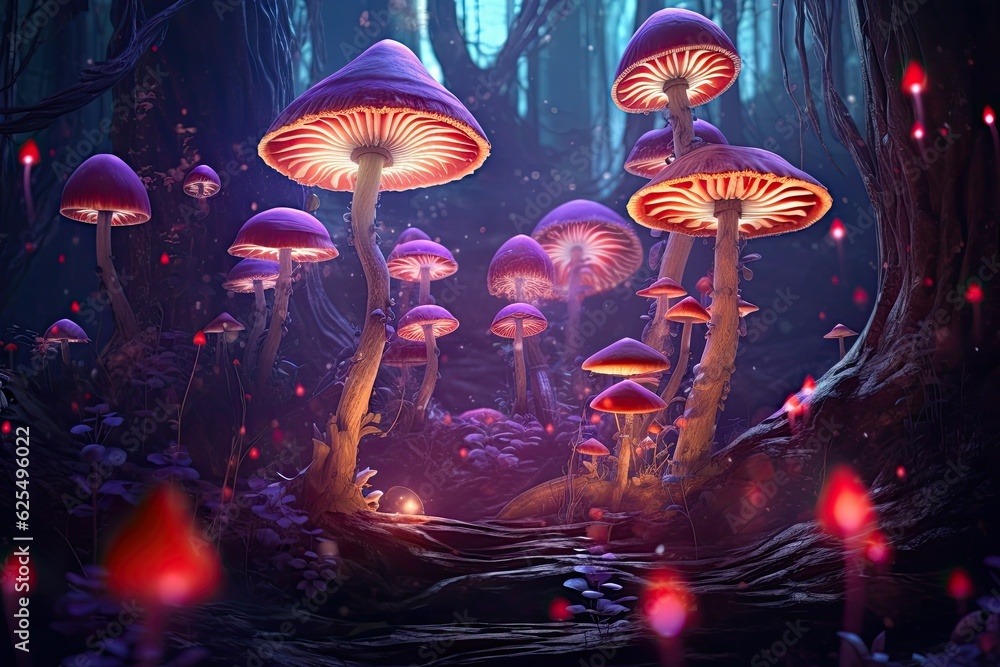 Fototapeta premium Enchanted Forest: Glowing Mushrooms, Ethereal Creatures, and Mystical Realm - A Magical Background, generative AI