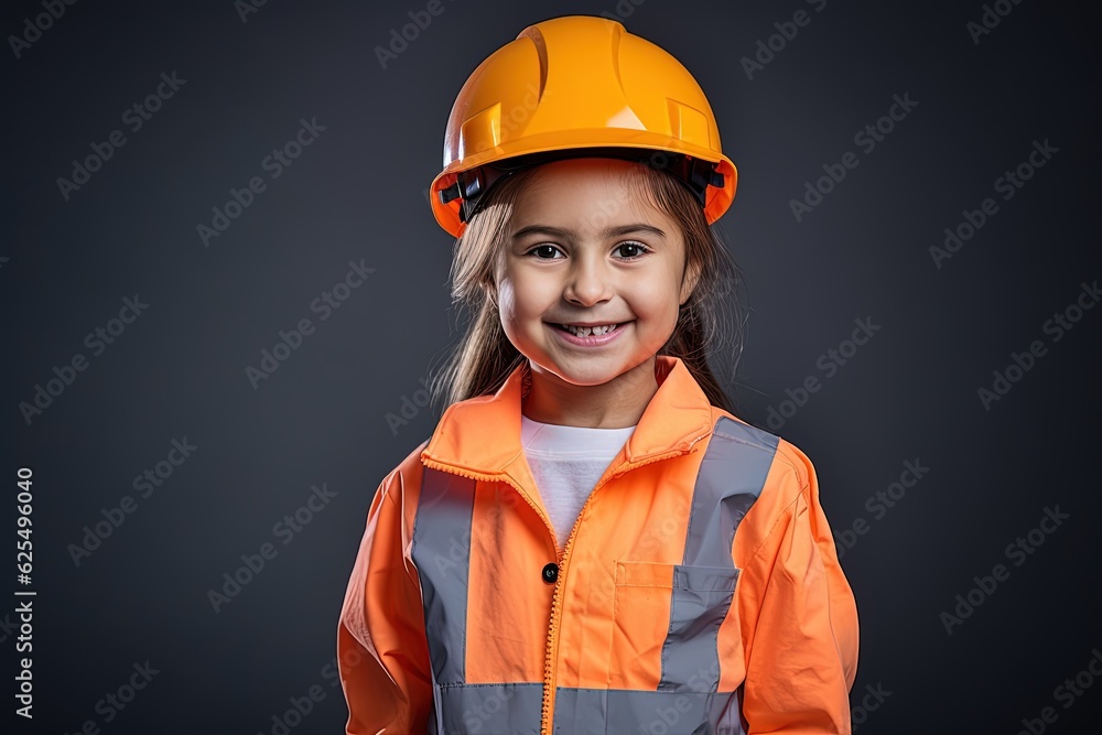 Portrait of a smiling little girl in a construction helmet.Generative Ai Portrait of a smiling little girl in a construction helmet.Generative Ai