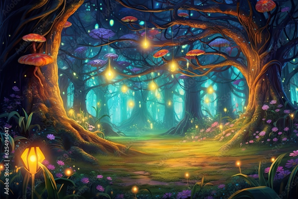 Obraz premium Whimsical Creatures and Glowing Fireflies: Unveiling the Mystical Wonder of an Enchanted Forest, generative AI
