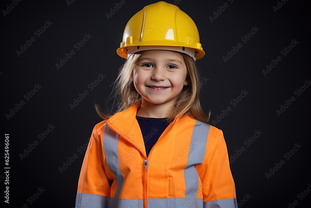 Portrait of a smiling little girl in a construction helmet.Generative Ai Portrait of a smiling little girl in a construction helmet.Generative Ai