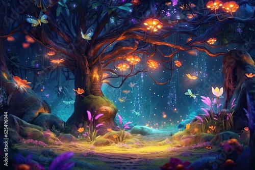 Enchanted Forest  Glowing Fireflies  Whimsical Creatures   Mystical Wonder - A Magical Background  generative AI