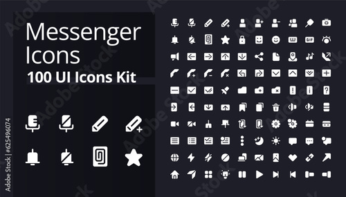 Messenger application white glyph ui icons kit for dark mode. App features. Silhouette symbols on black background. Solid pictograms for web, mobile. Vector isolated illustrations. Poppins font used