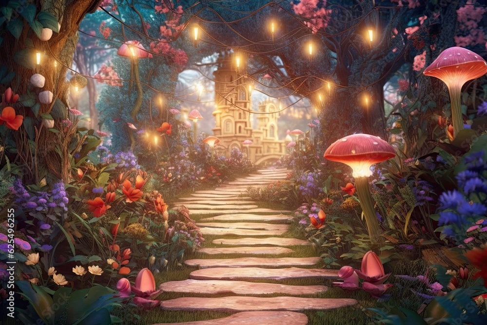 Enchanted Garden: Whimsical Delight with Magical Elements and Fairy Lights, generative AI