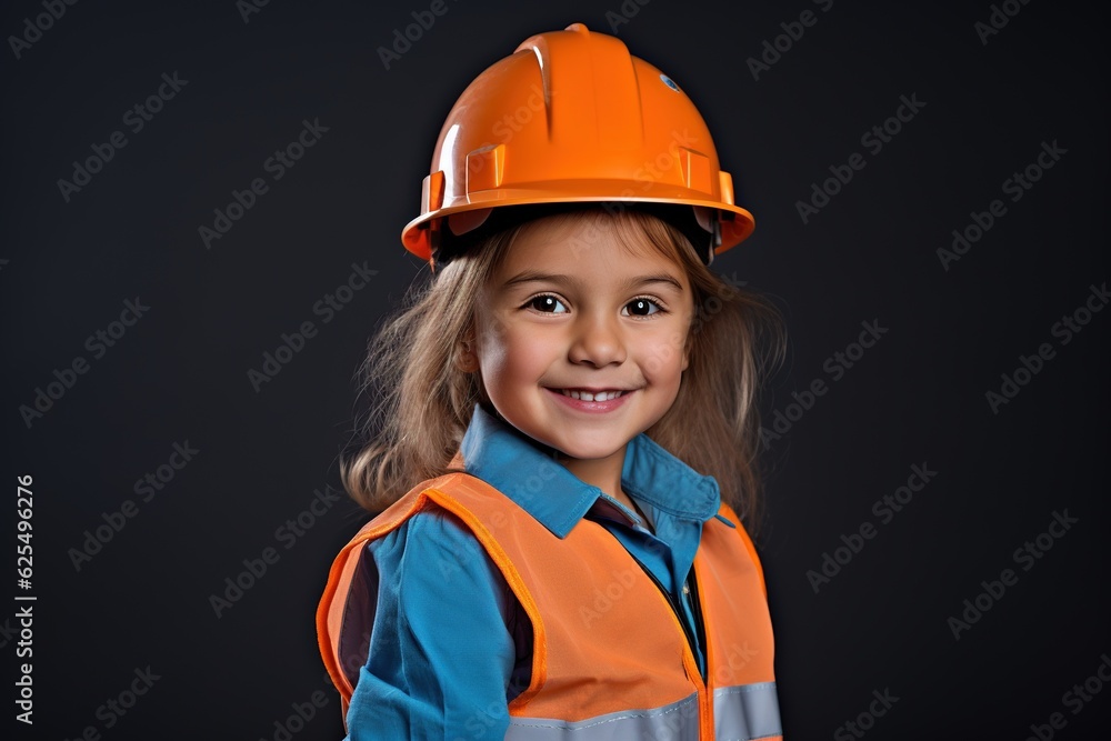 Portrait of a smiling little girl in a construction helmet.Generative Ai Portrait of a smiling little girl in a construction helmet.Generative Ai