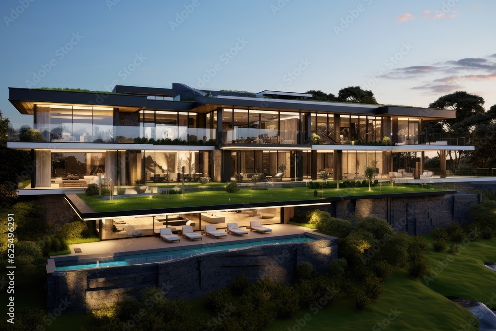 A luxurious residence with expansive green space surrounding it.