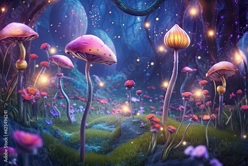 Whimsical Nature: Glowing Fireflies Illuminate Enchanted Garden with Delicate Flowers, generative AI