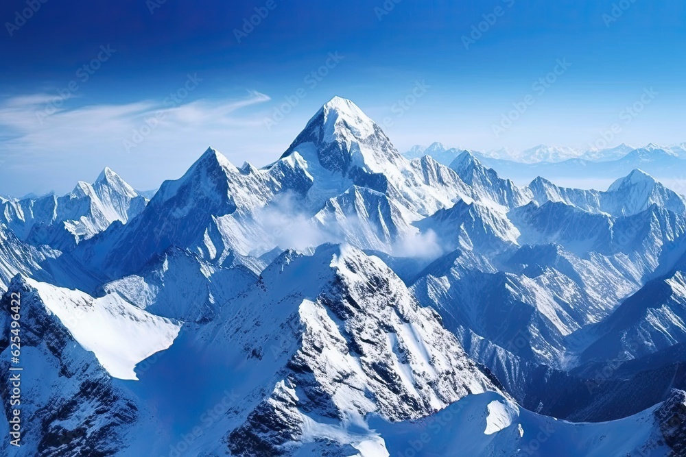 Obraz premium Alpine Grandeur: Majestic Snow-Capped Mountain Peaks Against a Clear Blue Sky, generative AI