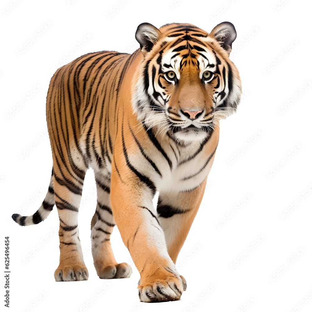 Tiger looking forward full body shot on transparent background cutout - Generative AI
