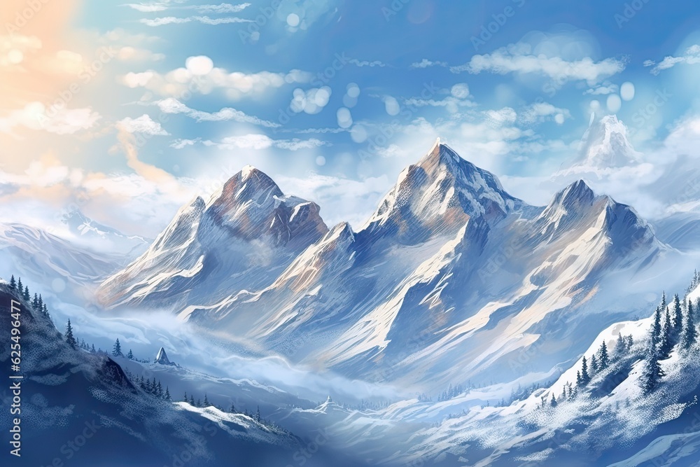 Alpine Beauty: Majestic Peaks and Pristine Snow in a Snowy Mountain Range, generative AI