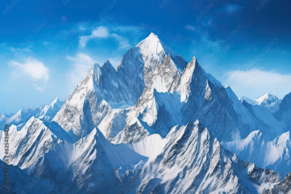 Alpine Grandeur: Majestic Snow-Capped Mountain Peaks and Clear Blue Sky in the Background, generative AI