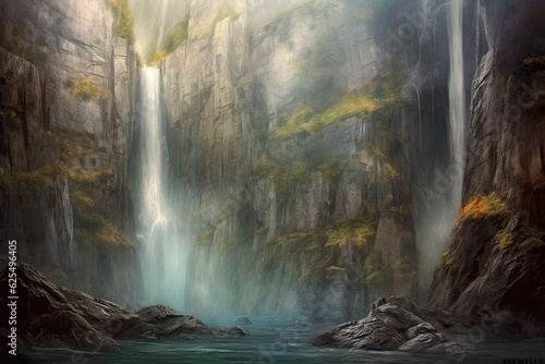Nature's Majesty: Surrounded by Towering Cliffs and Misty Vistas, a Majestic Waterfall Background, generative AI