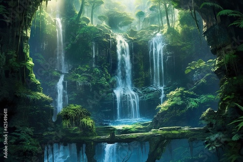 Nature's Grandeur: Majestic Waterfall Set amidst Lush Greenery, generative AI © Michael