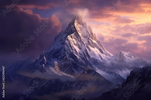 Alpine Majesty: Snowy Mountain Peaks Piercing Through Majestic Clouds., generative AI
