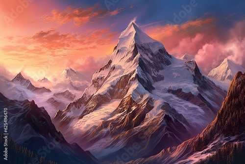 Majestic Splendor: Snow-Capped Peaks in a Towering Mountain Range, generative AI