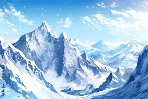 Alpine Beauty: Majestic Background of a Snowy Mountain Range with Pristine Snow and Majestic Peaks, generative AI © Michael
