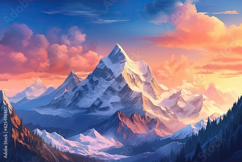 Majestic Splendor: Snow-Capped Peaks of a Towering Mountain Range, generative AI