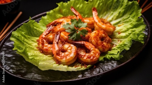 crunchy salt and pepper shrimp resting on a bed of lettuce, accentuated by a bamboo mat background