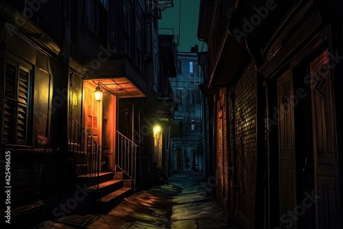 Soft Streetlamp Glow: Unveiling Intrigue and Suspense in a Shadowy Alleyway, generative AI